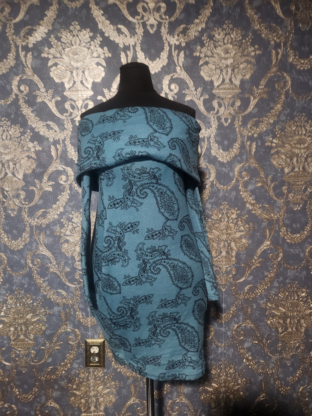 Off-Shoulder Teal Paisley Knit Dress - Women's
